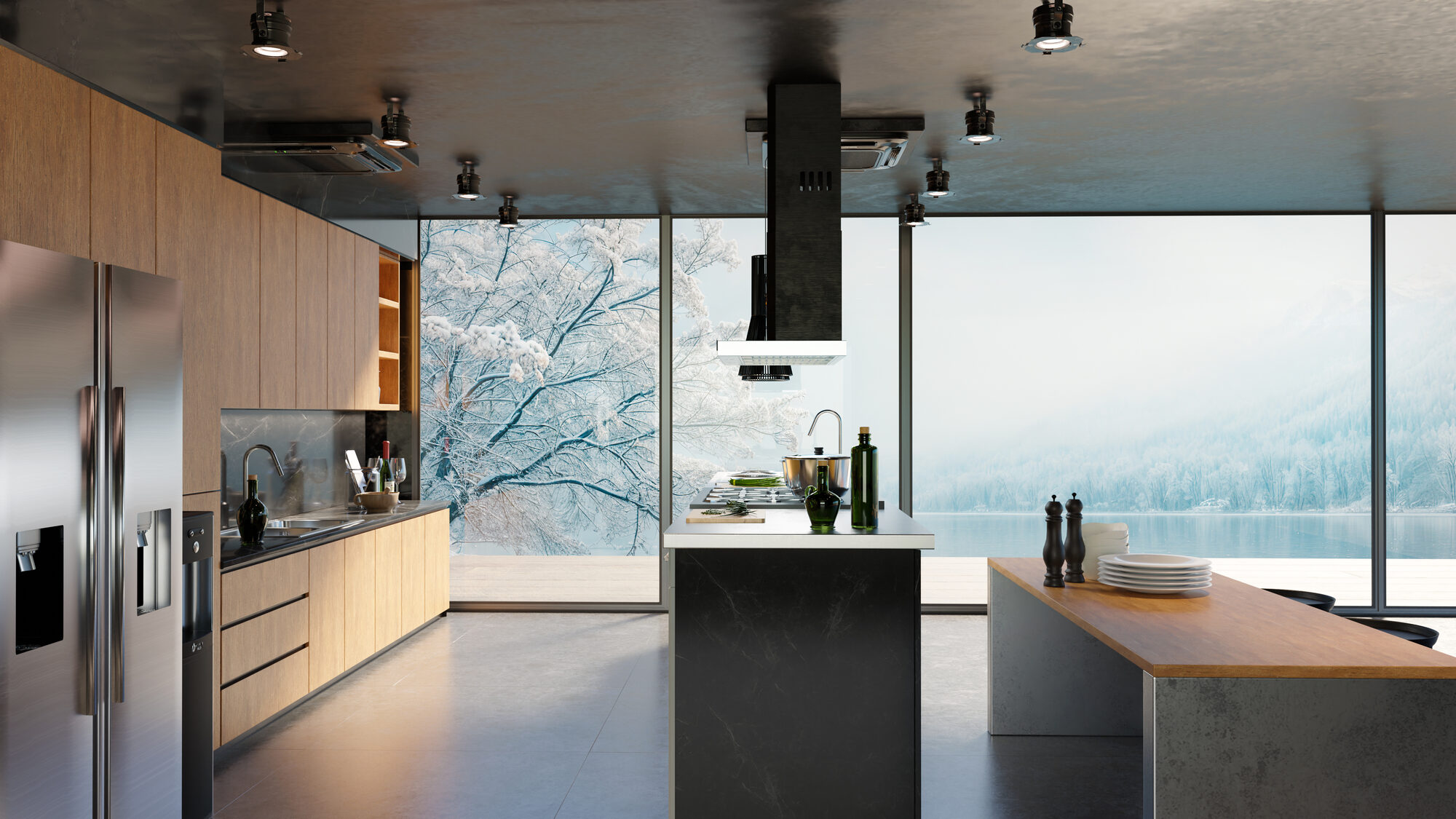 Dark modern kitchen with wood cabinetry and marble island