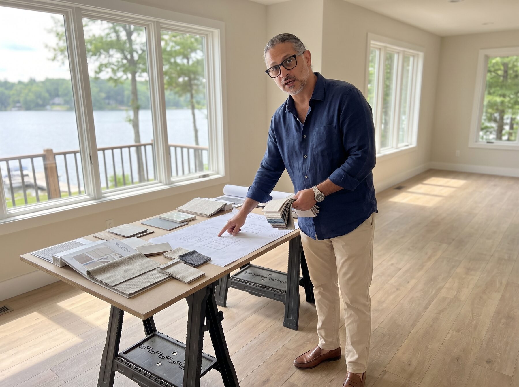 Eyal Cohen reviewing blueprints and material samples on-site at a lakefront home under renovation