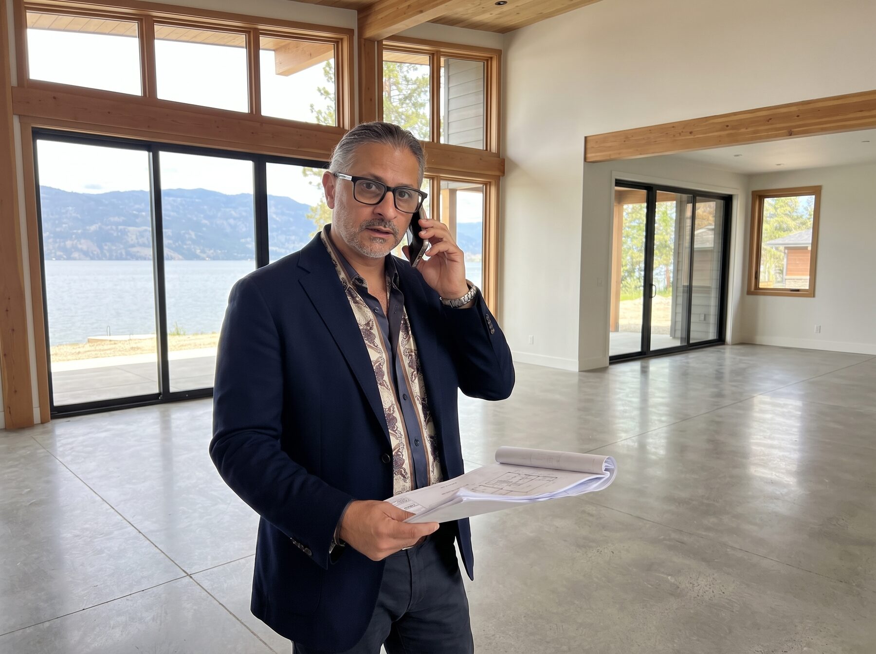 Eyal Cohen on-site at a lakefront residence, gesturing toward the water view while reviewing plans